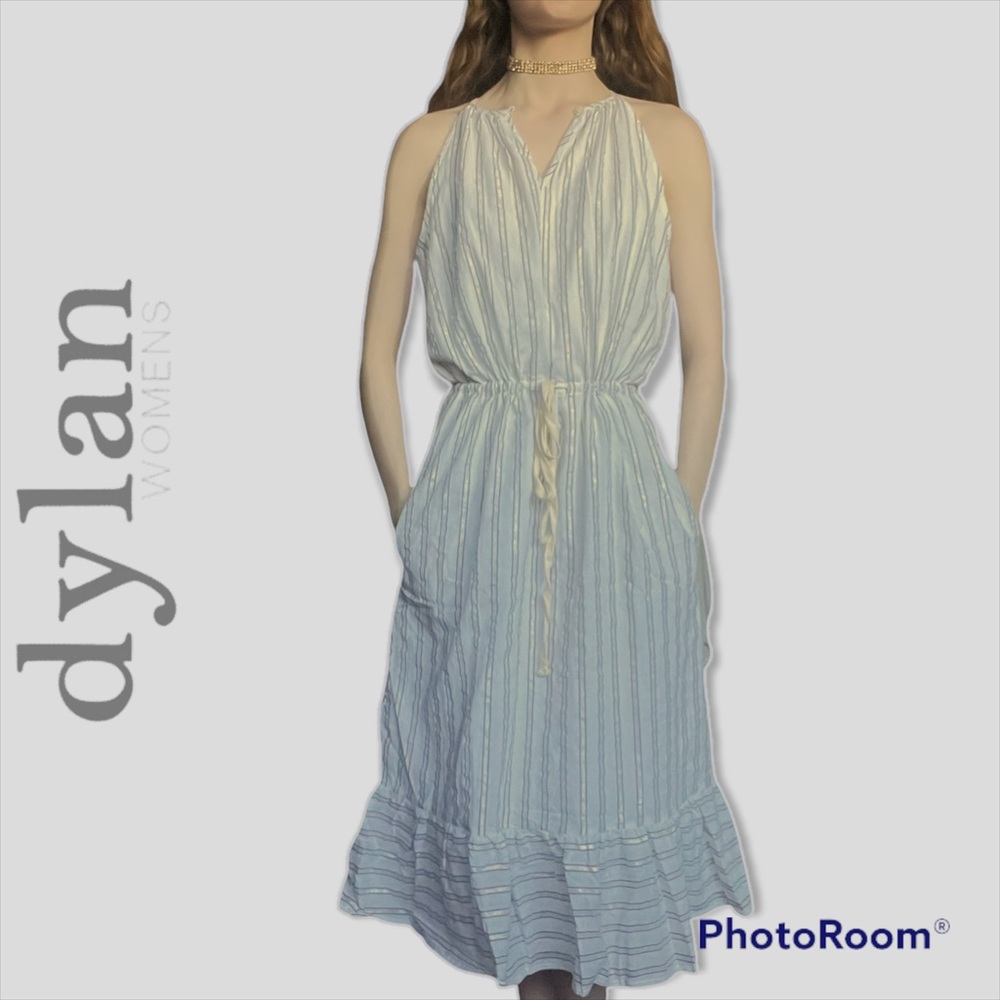 Dylan Boho Linen Dress with Metallic Gold Stripes - Picture 3 of 6